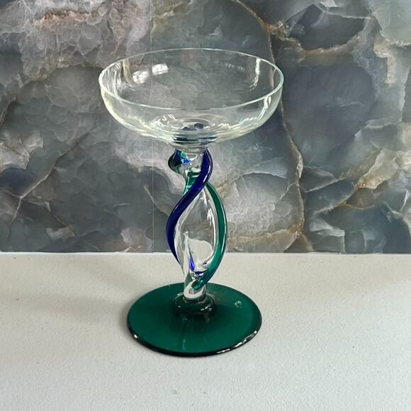 Hand Blown Margarita Glass 8" Blue & Green Twisted Stem Green Base - Picture 1 of 8